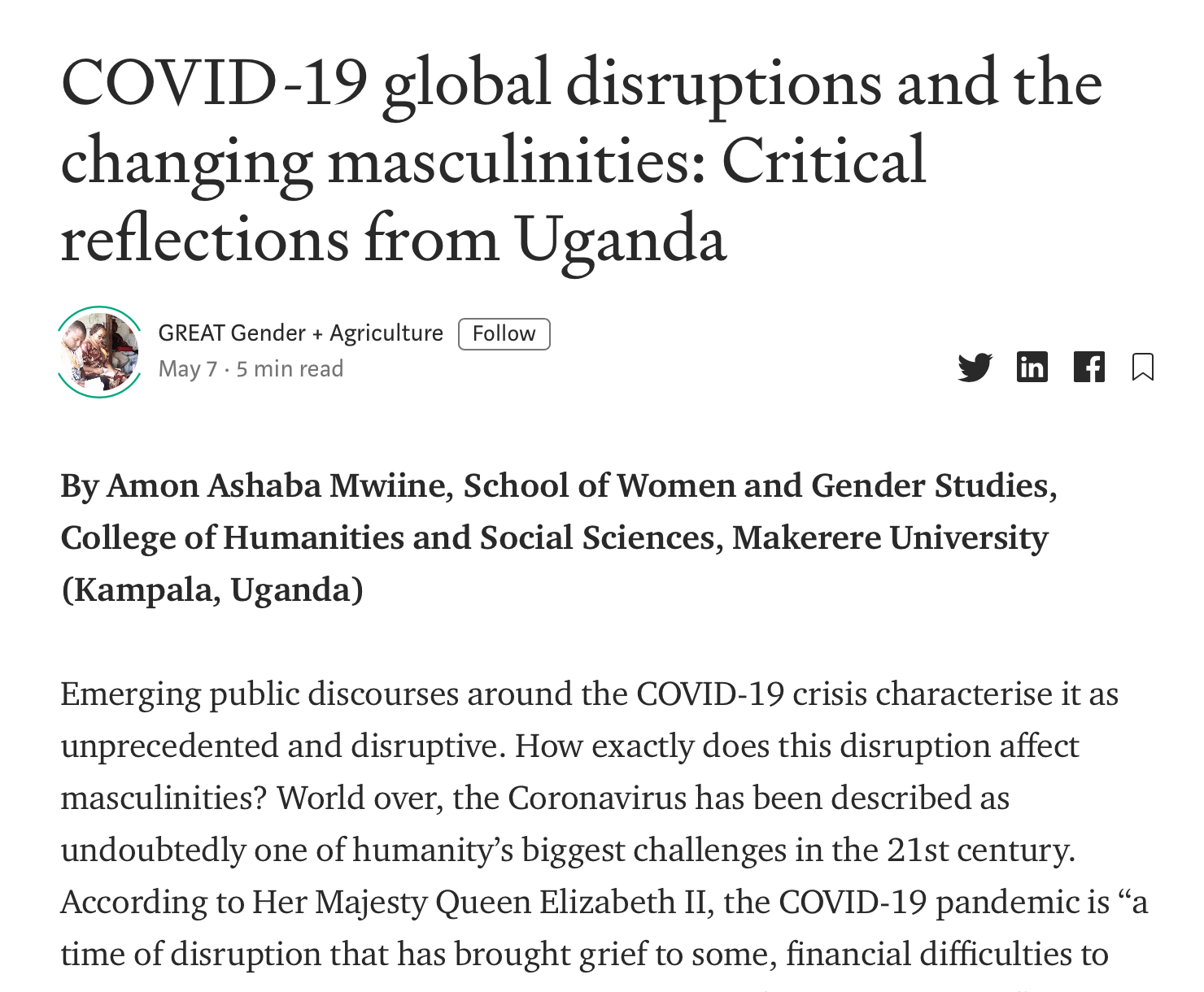 COVID-19 global disruptions and the changing masculinities: Critical reflections from Uganda