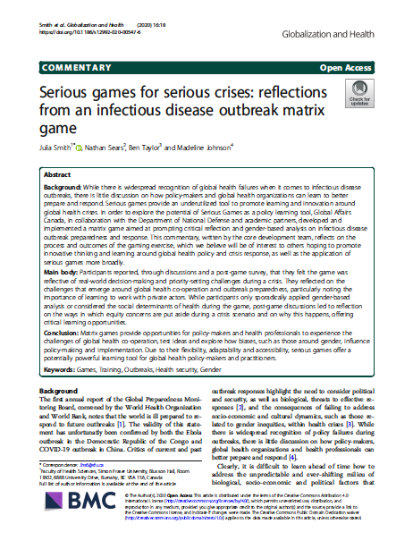 Serious games for serious crises: reflections from an infectious disease outbreak matrix game