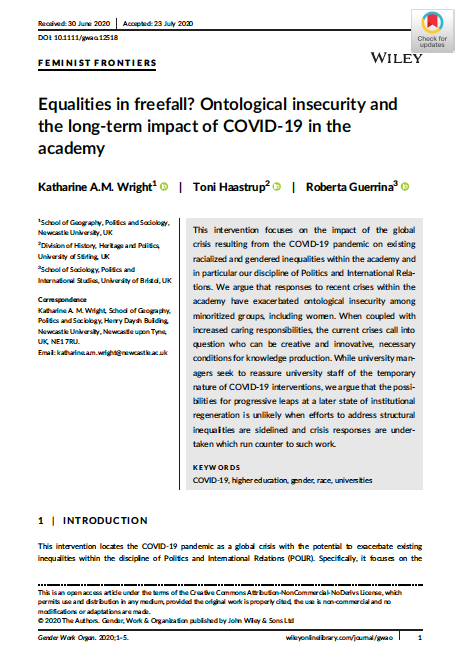 Equalities in freefall? Ontological insecurity and the long‐term impact of COVID‐19 in the academy