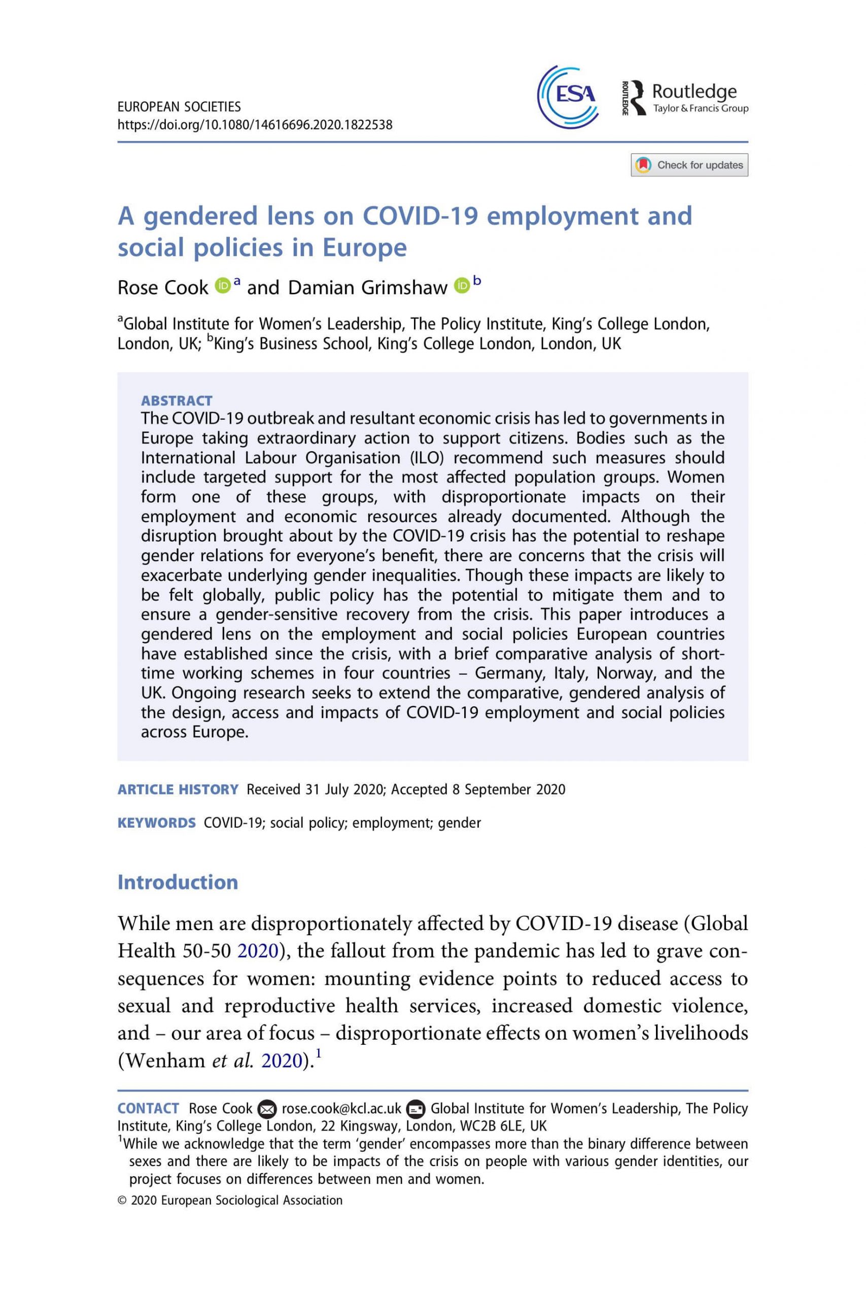A gendered lens on COVID-19 employment and social policies in Europe