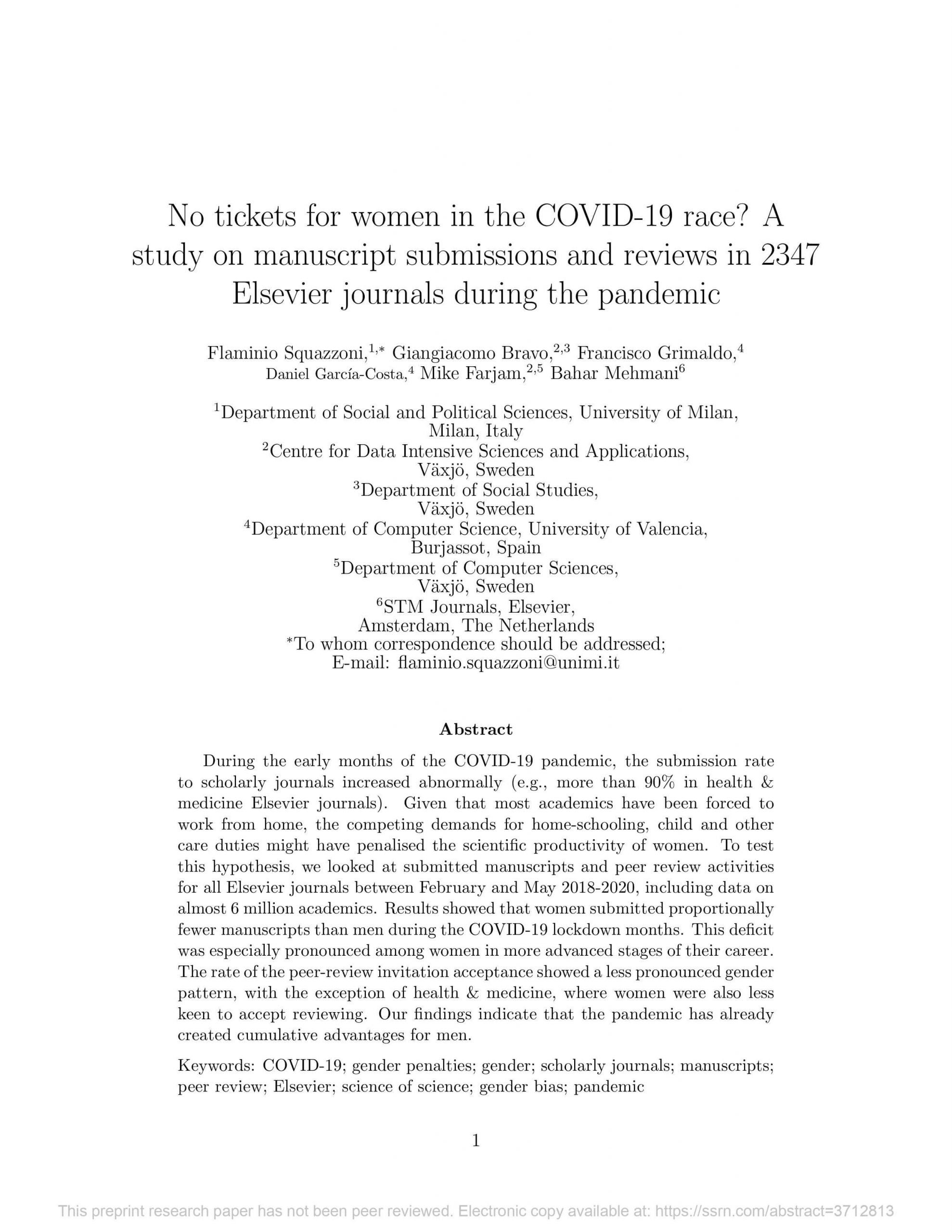 No Tickets for Women in the COVID-19 Race? A Study on Manuscript Submissions and Reviews in 2347 Elsevier Journals during the Pandemic