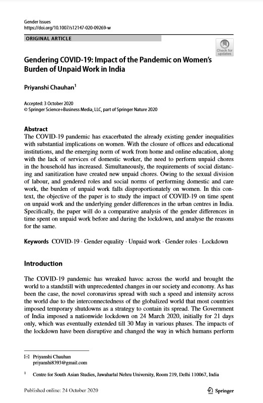 Gendering COVID-19 Impact of the Pandemic on Women's Burden of Unpaid Work in India