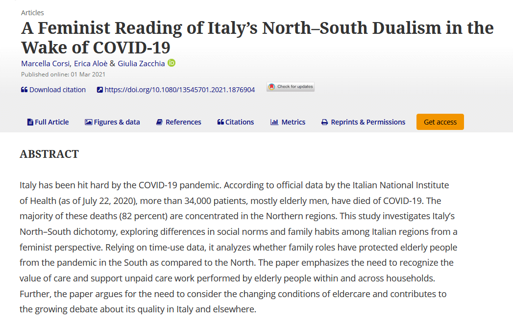 A Feminist Reading of Italy North–South Dualism in the Wake of COVID-19