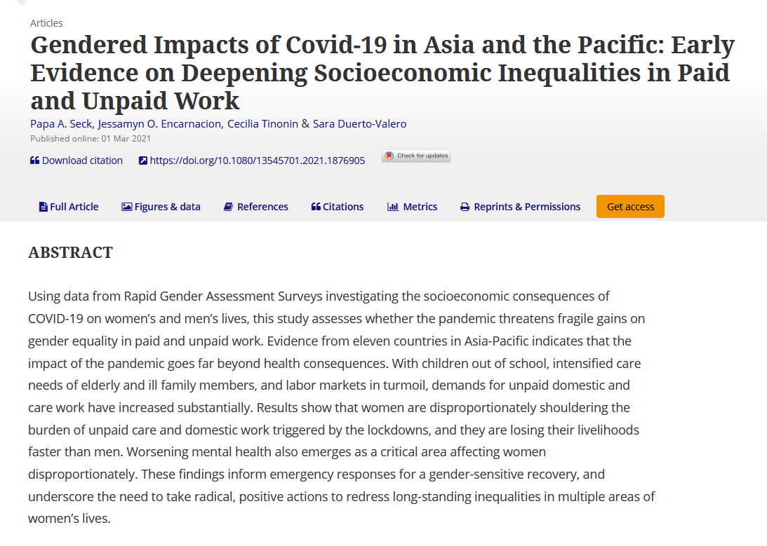 Gendered impacts of COVID-19 in Asia and the Pacific: Early evidence on the deepening of preexisting socioeconomic inequalities in paid and unpaid work