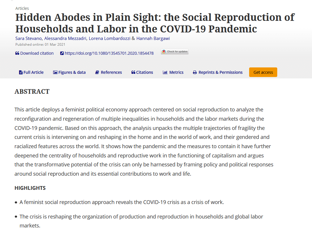 Hidden abodes in plain sight - The social reproduction of households and labor in the COVID-19 pandemic