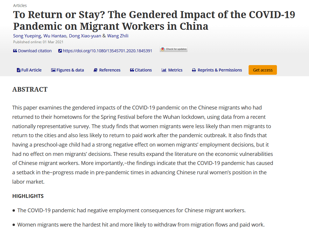 To return or stay? The gendered impact of the COVID-19 pandemic on migrant workers in China