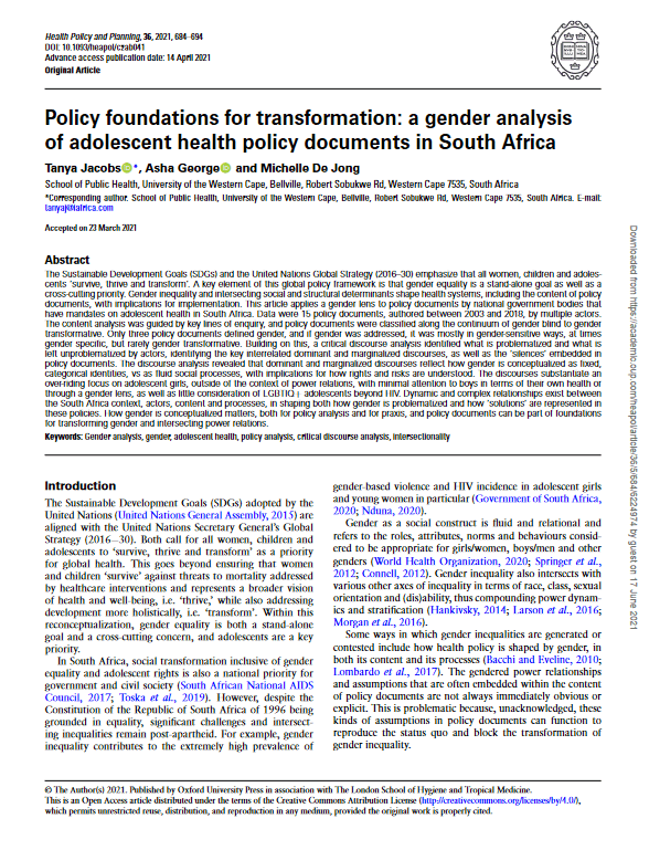 Policy foundations for transformation: a gender analysis of adolescent health policy documents in South Africa