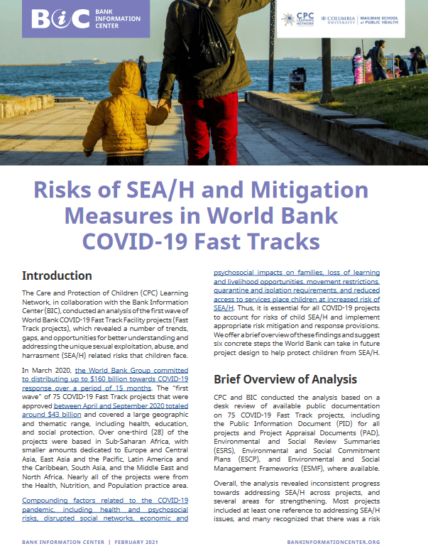 Risks of sexual exploitation, abuse, and harrasment and mitigation measures in World Bank COVID-19 fast tracks