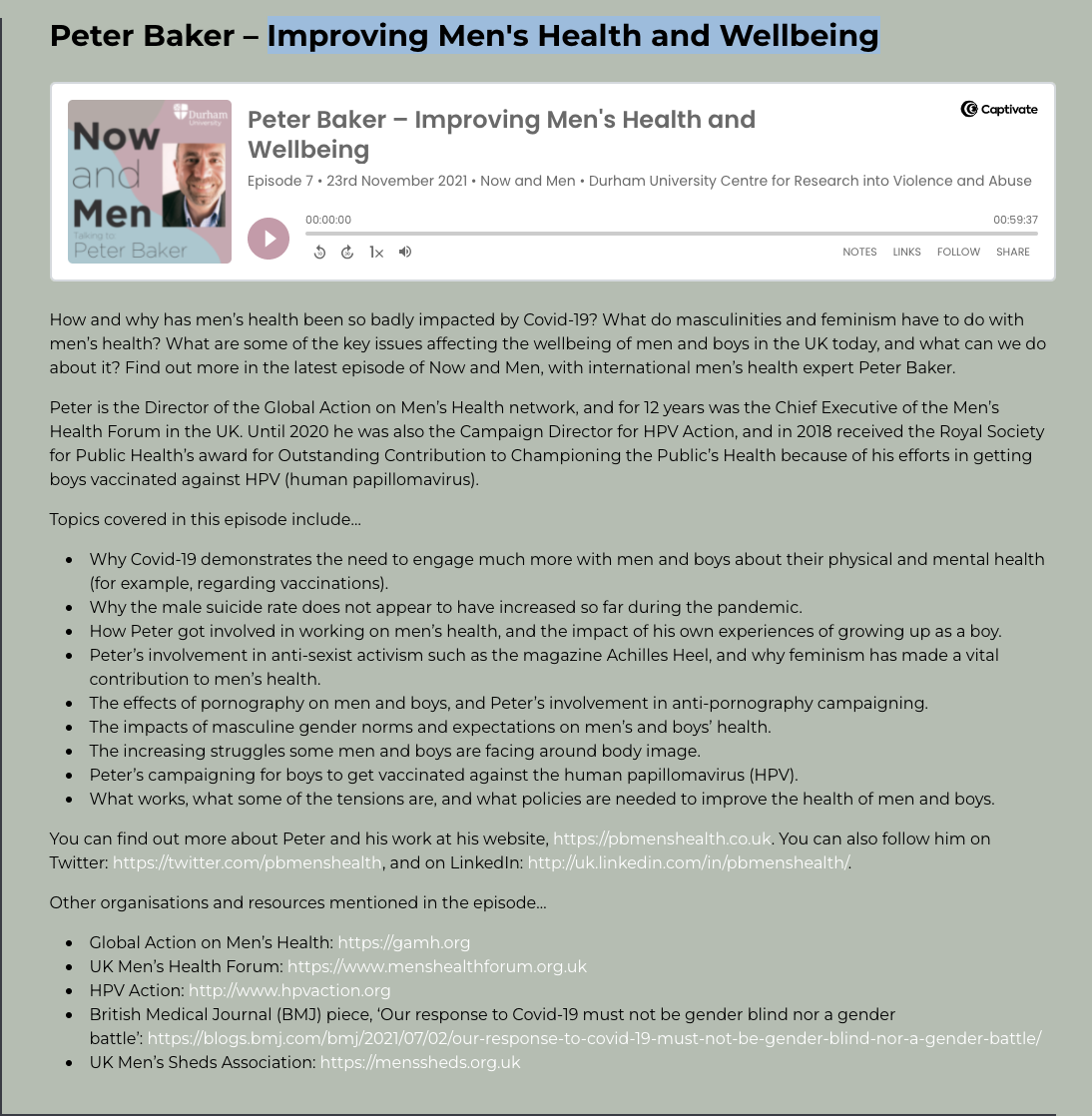 Peter Baker – Improving Men's Health and Wellbeing