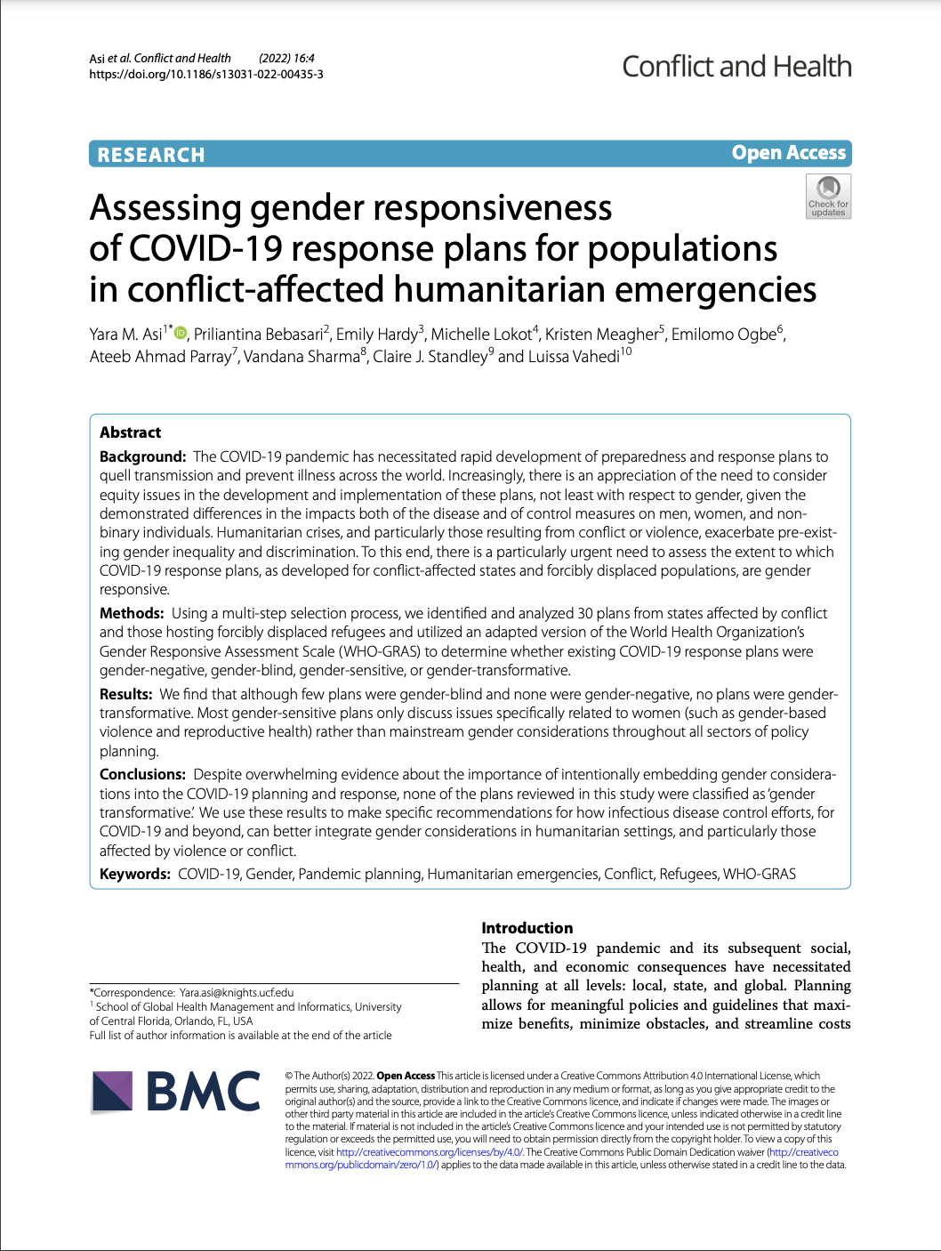 Assessing gender responsiveness of COVID-19 response plans for populations in conflict-affected humanitarian emergencies