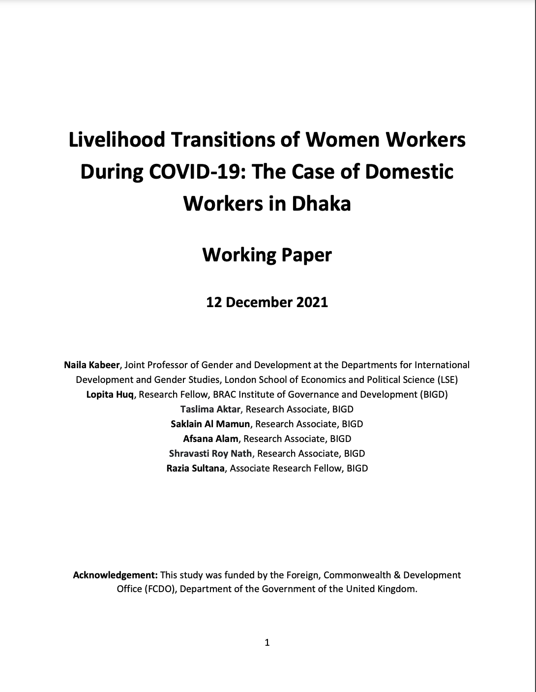 Livelihood Transitions of Women Workers During COVID-19: Domestic Workers in Dhaka