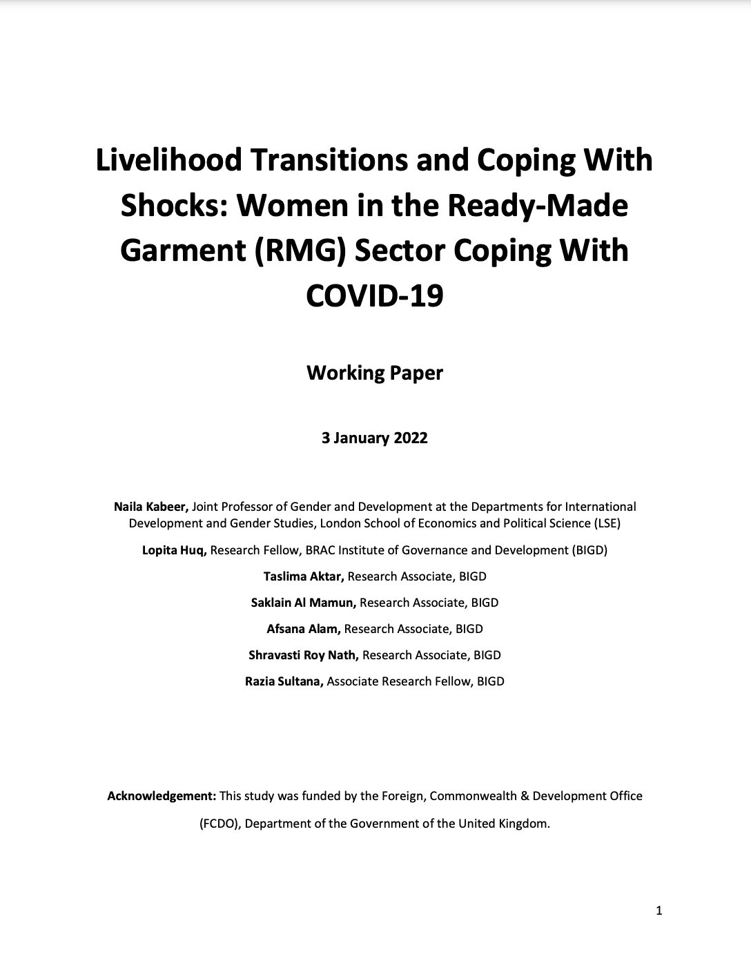 Livelihood Transitions and Coping With Shocks: Women in the Ready-Made Garment (RMG) Sector Coping With COVID-19
