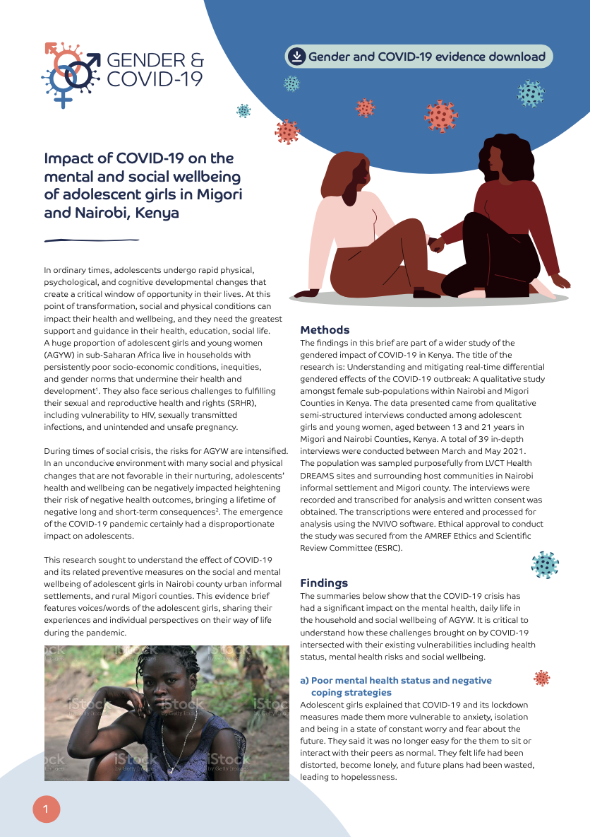 Impact of COVID-19 on the mental and social wellbeing of adolescent girls in Migori and Nairobi, Kenya