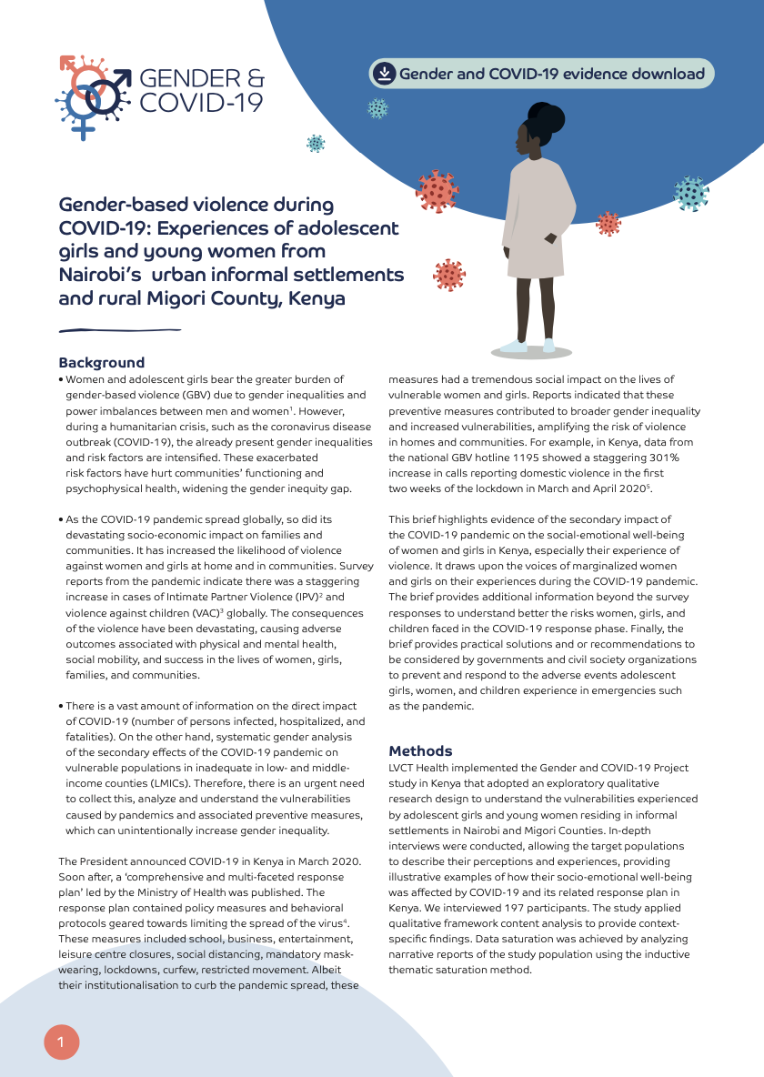 Gender based violence during COVID-19: Experiences of adolescent girls and young women from Nairobi’s urban informal settlements and rural Migori County, Kenya