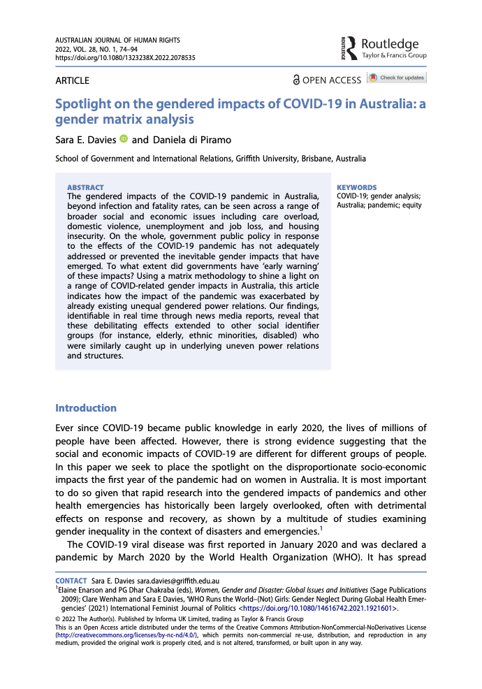 Spotlight on the gendered impacts of COVID-19 in Australia: a gender matrix analysis