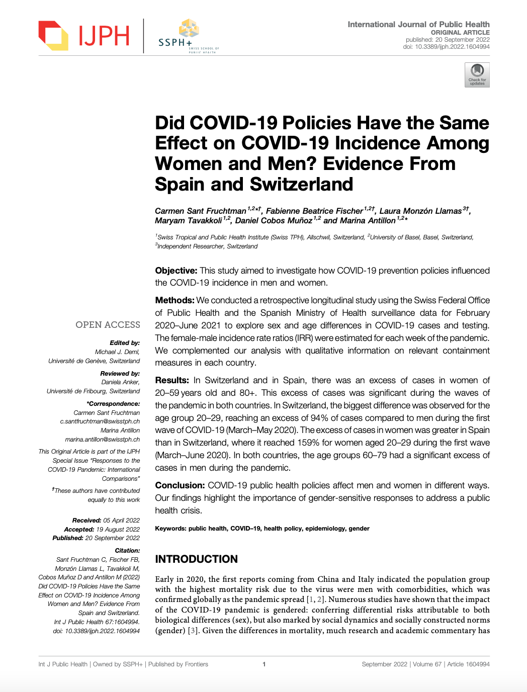 Did COVID-19 Policies Have the Same Effect on COVID-19 Incidence Among Women and Men? Evidence From Spain and Switzerland