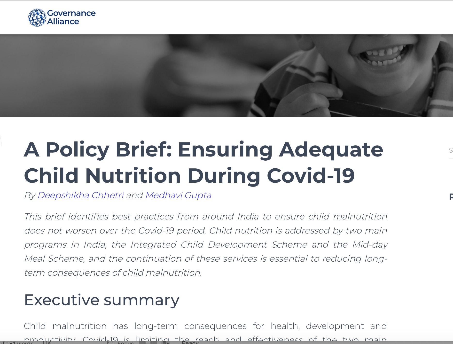 A Policy Brief- Ensuring Adequate Child Nutrition During Covid-19
