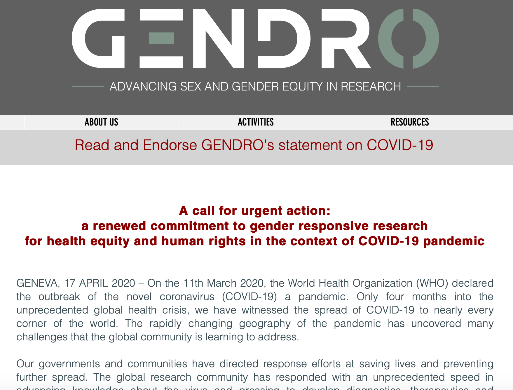 A call for urgent action: a renewed commitment to gender responsive research for health equity and human rights in the context of COVID-19 pandemic
