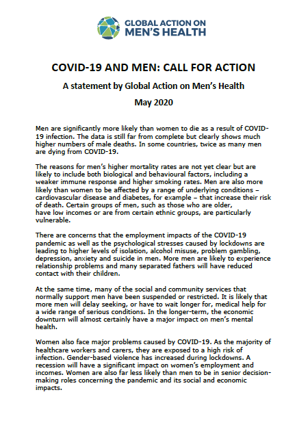 COVID-19 and men: call for action - a statement by global action on men ...