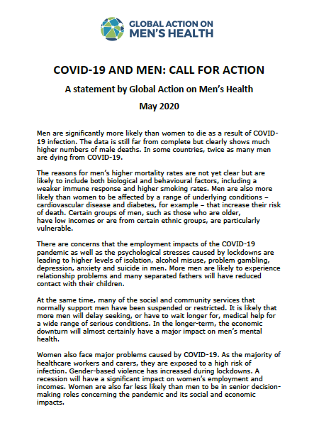 COVID-19 and men- call for action - a statement by global action on men’s health