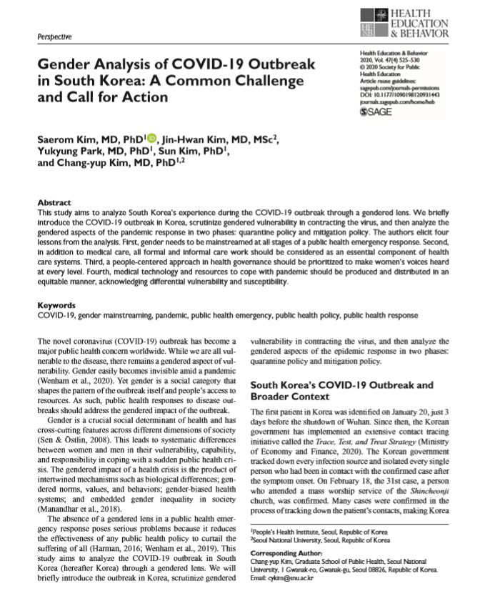 Gender analysis of COVID-19 outbreak in South Korea: a common challenge and call for action