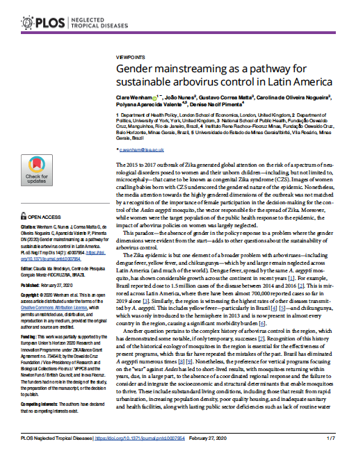 Gender mainstreaming as a pathway for sustainable arbovirus control in Latin America.