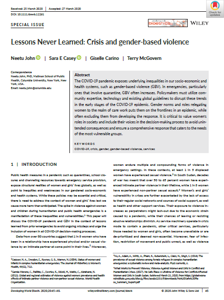 Lessons never learned: Crisis and gender‐based violence