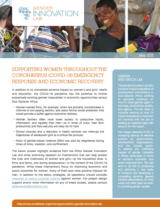 Supporting women throughout the coronavirus (COVID-19) emergency response and economic recovery