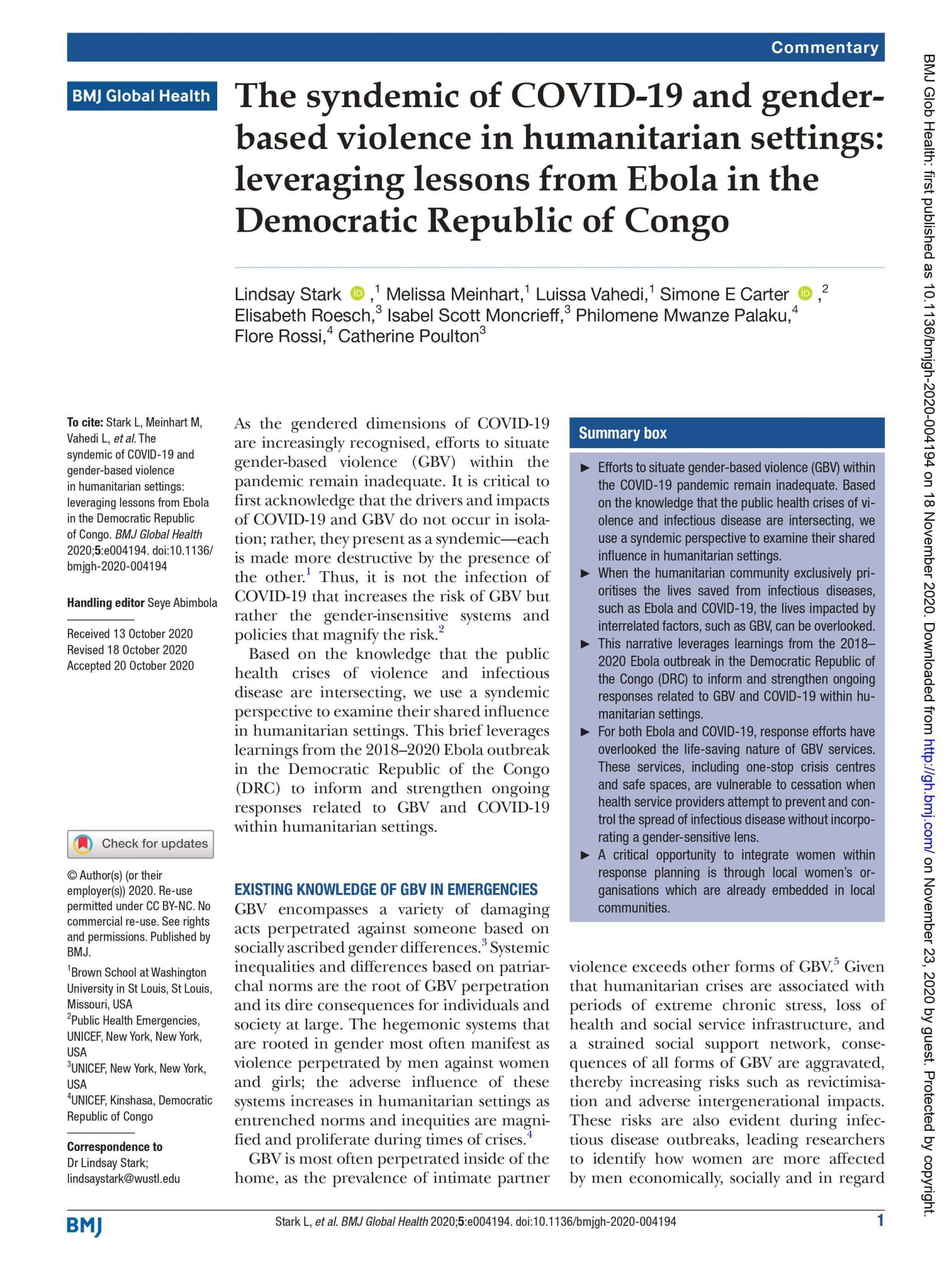 The syndemic of COVID-19 and gender-based violence in humanitarian settings: leveraging lessons from Ebola in the Democratic Republic of Congo