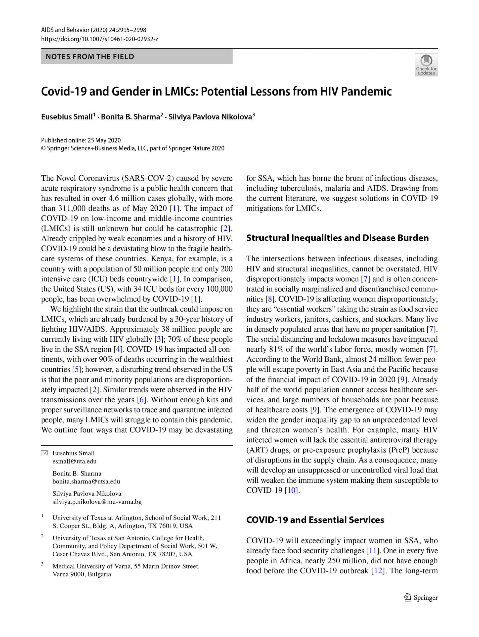 COVID-19 and gender in low-income and middle-income countries: Potential lessons from the HIV pandemic