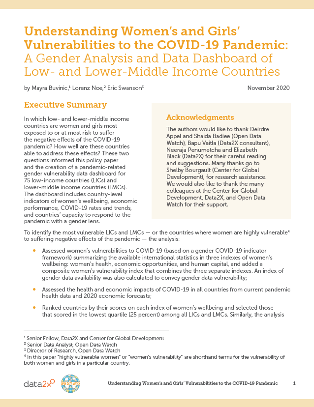 Understanding women’s and girls’ vulnerabilities to the COVID-19 pandemic: A gender analysis and data dashboard of low- and lower-middle income countries