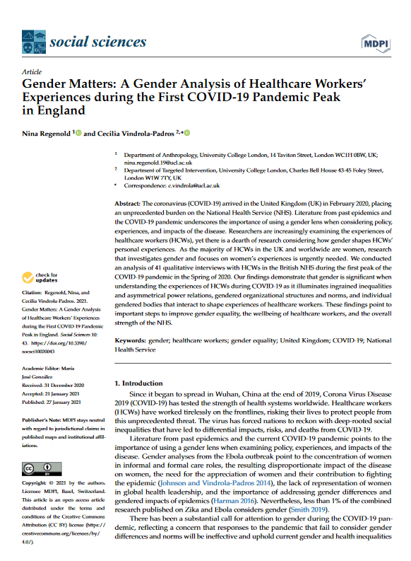Gender matters: A gender analysis of healthcare workers’ experiences during the first COVID-19 pandemic peak in England