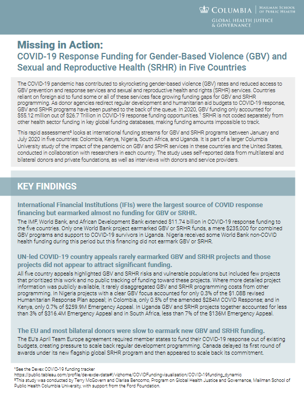Missing in action: COVID-19 response funding for gender-based violence and sexual and reproductive health in five countries