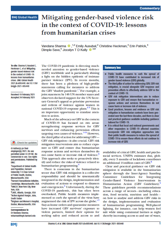 Mitigating gender-based violence risk in the context of COVID-19