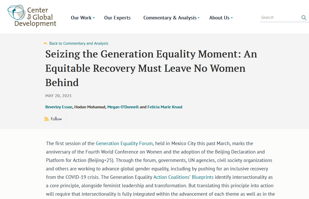 Seizing the Generation Equality moment: An equitable recovery must leave no women behind