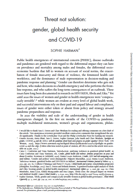 Threat not solution: gender, global health security and COVID-19