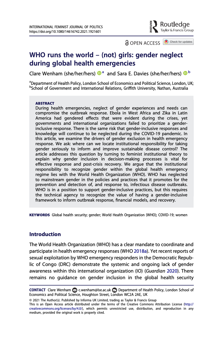 WHO runs the world – (not) girls: Gender neglect during global health emergencies