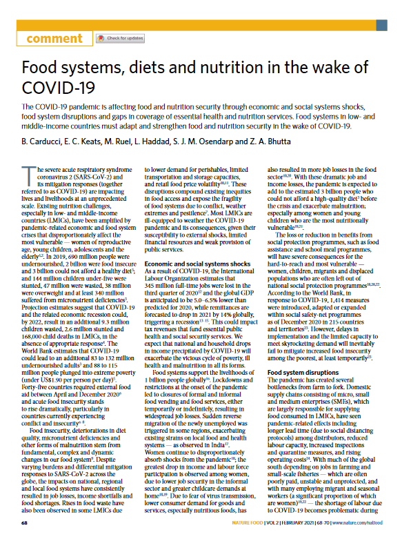 Food systems, diets and nutrition in the wake of COVID-19