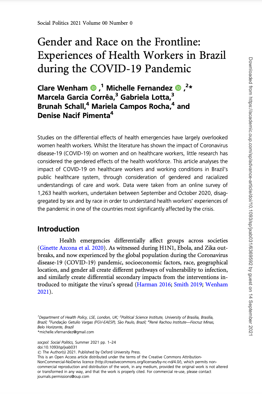 Gender and Race on the Frontline: Experiences of Health Workers in Brazil during the COVID-19 Pandemic