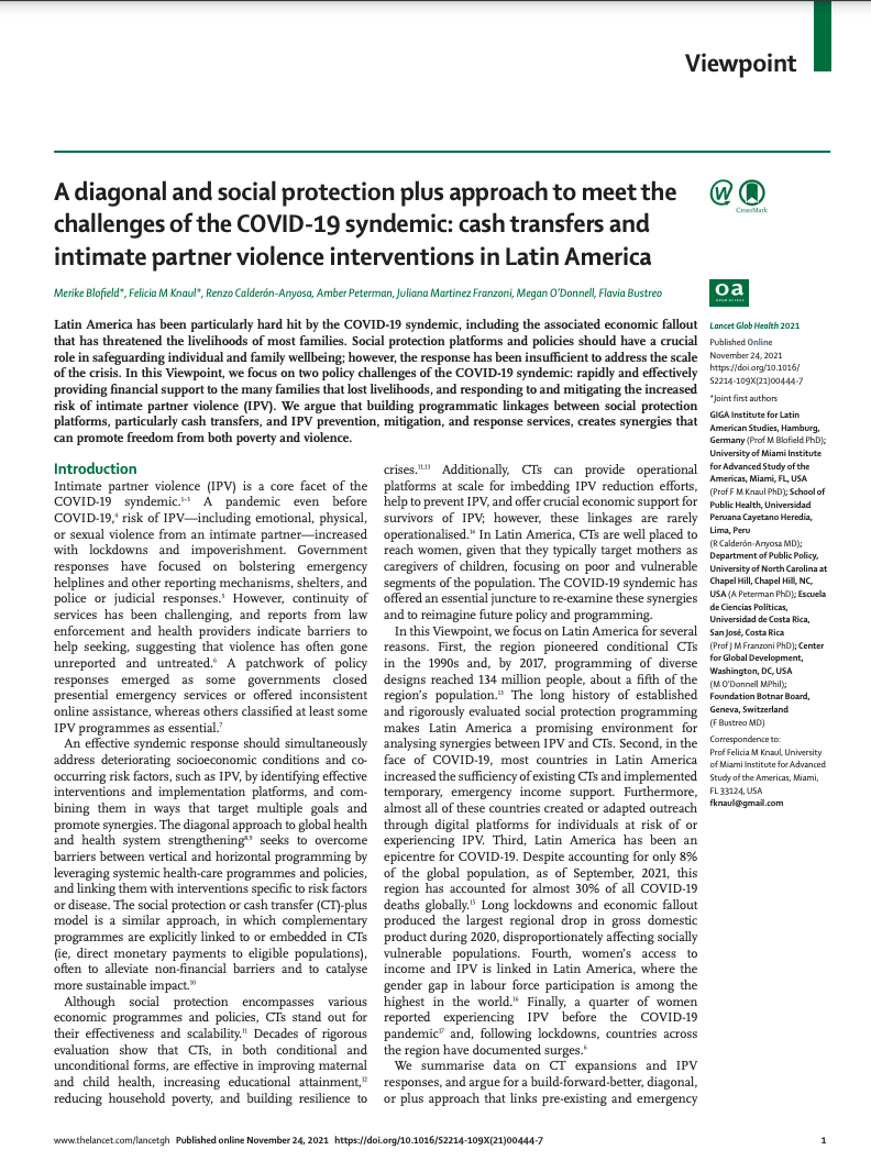 A diagonal and social protection plus approach to meet the challenges of the COVID-19 syndemic: cash transfers and intimate partner violence interventions in Latin America