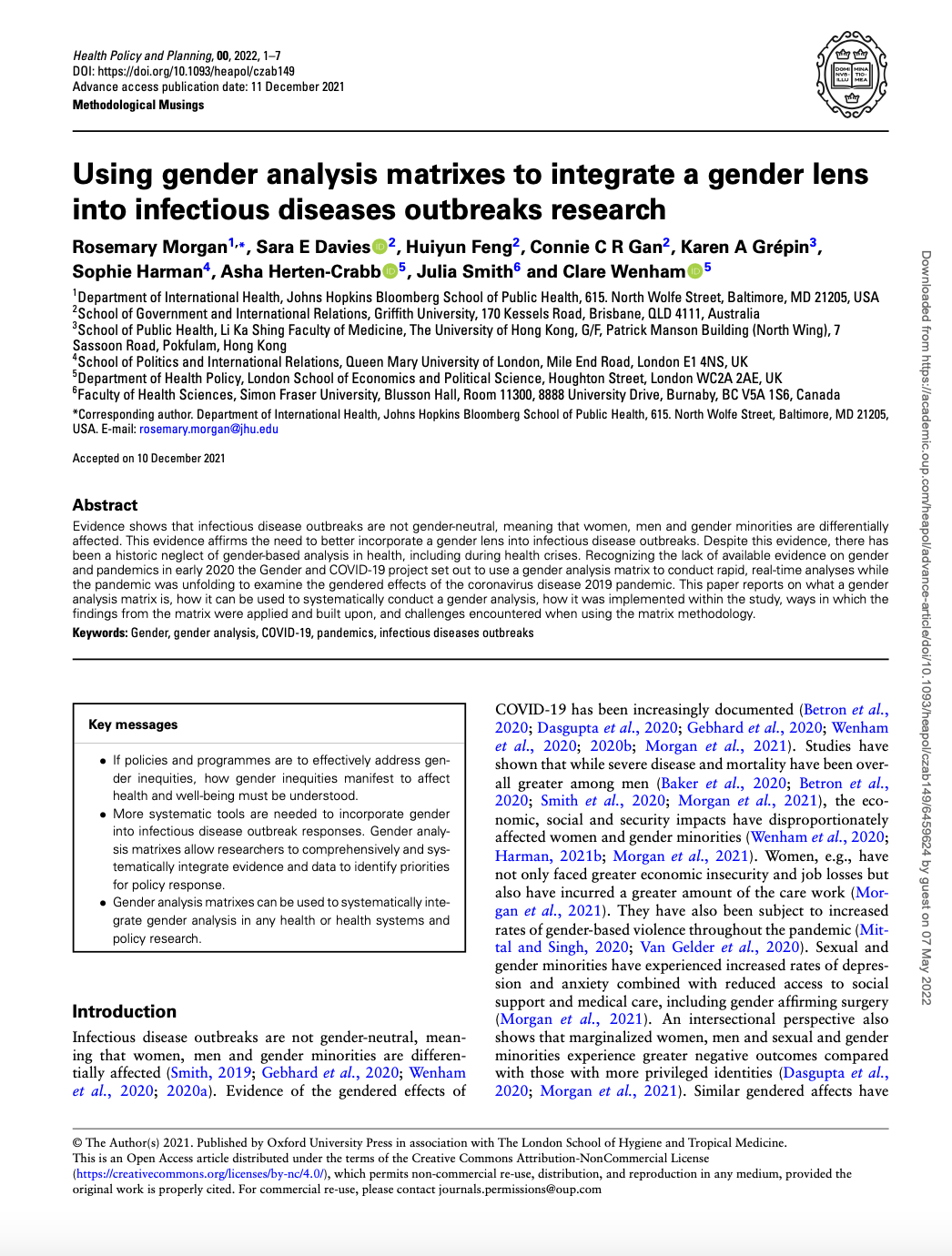 Using Gender Analysis Matrixes to Integrate a Gender Lens Into Infectious Diseases Outbreaks Research