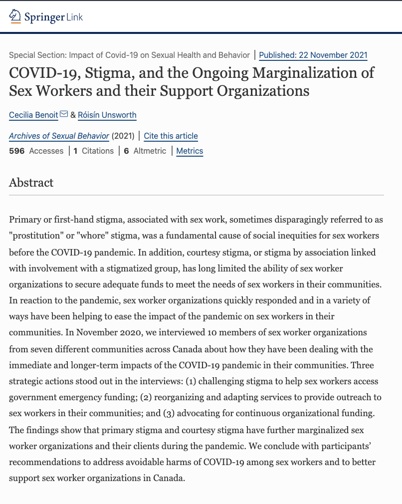 COVID-19, Stigma, and the Ongoing Marginalization of Sex Workers and their Support Organizations