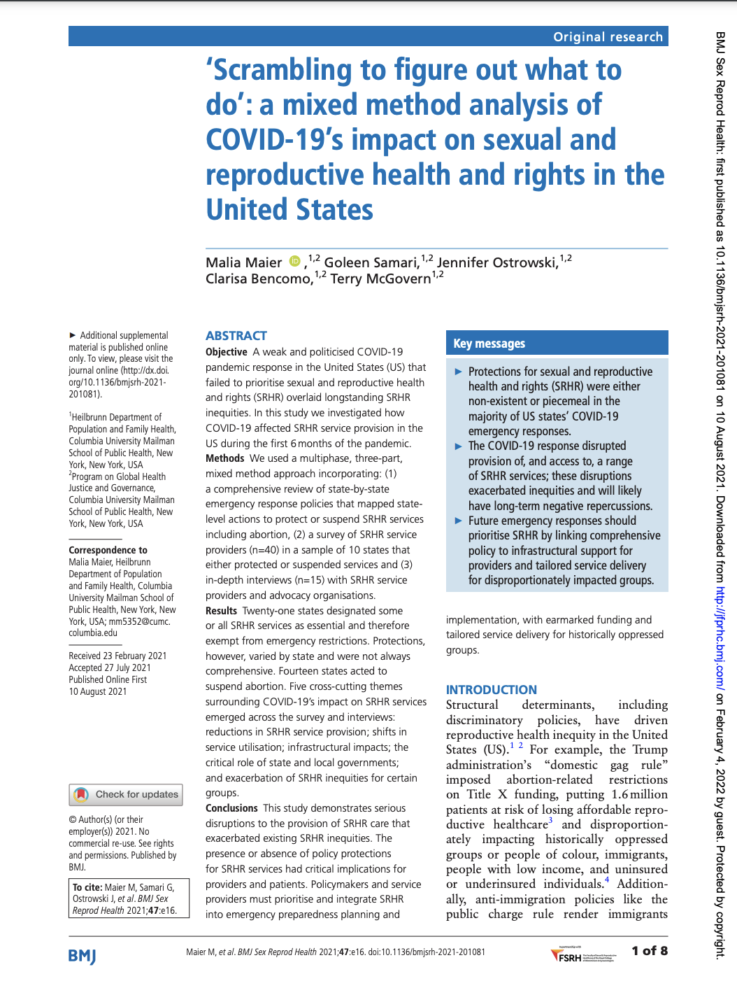 ‘Scrambling to figure out what to do’: a mixed method analysis of COVID-19’s impact on sexual and reproductive health and rights in the United States