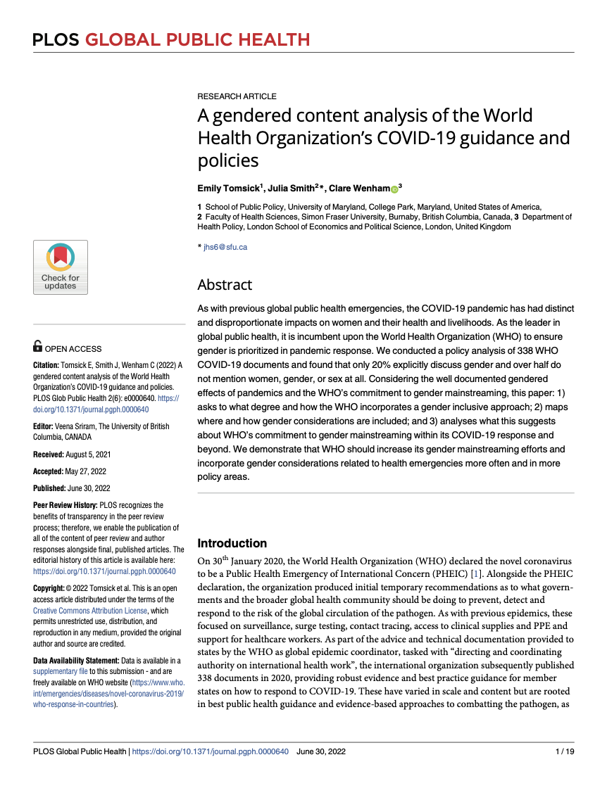 A gendered content analysis of the World Health Organization’s COVID-19 guidance and policies