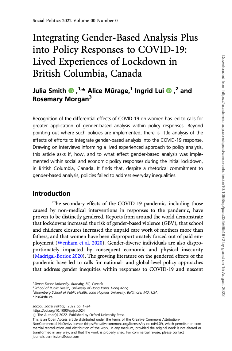 Integrating Gender-Based Analysis Plus into Policy Responses to COVID-19: Lived Experiences of Lockdown in British Columbia, Canada