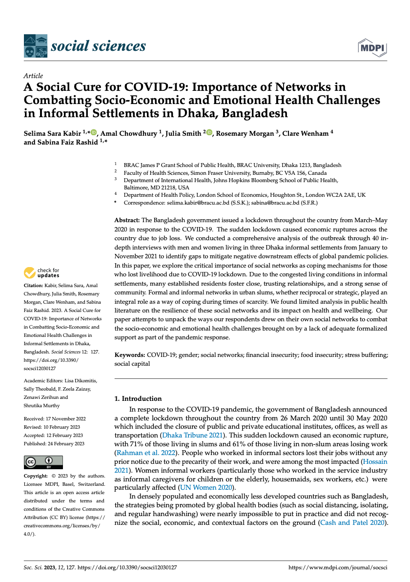A Social Cure for COVID-19: Importance of Networks in Combatting Socio-Economic and Emotional Health Challenges in Informal Settlements in Dhaka, Bangladesh