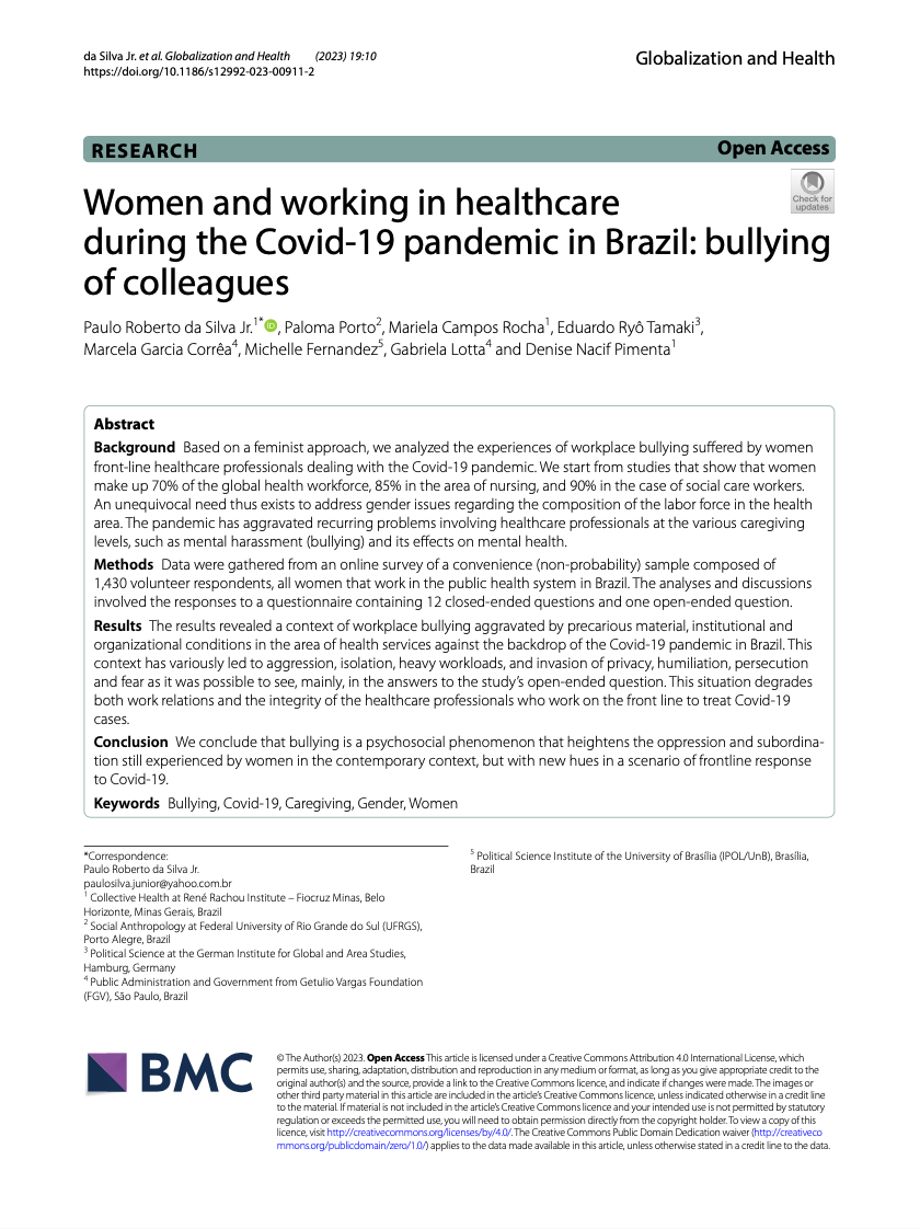 Women and working in healthcare during the COVID-19 pandemic in Brazil: Bullying of colleagues