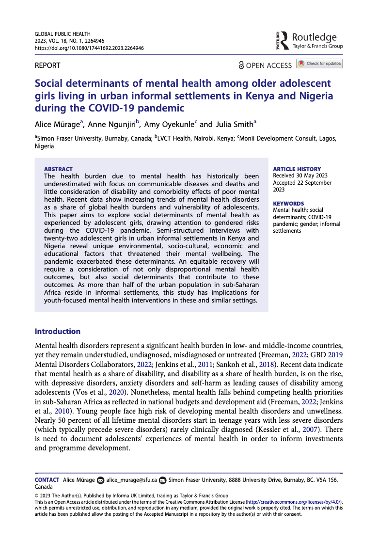 Social determinants of mental health among older adolescent girls living in urban informal settlements in Kenya and Nigeria during the COVID-19 pandemic